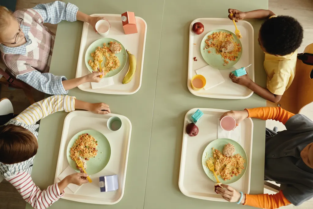 Small hands at a lunch table with plated hot meals, fruit and cups
